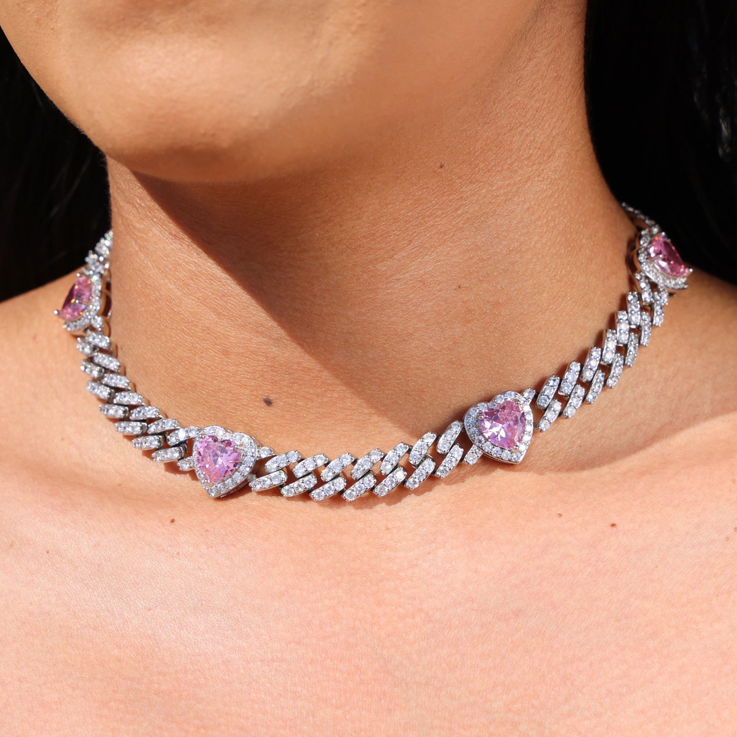 Iced Heart Pink Diamond Cuban Choker Necklace - White Gold 16"