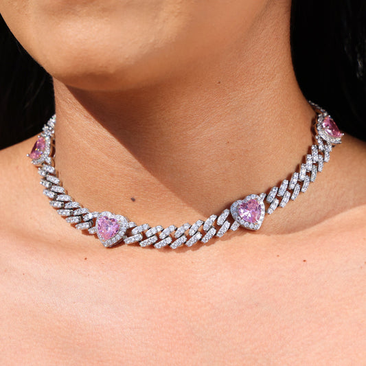 Iced Heart Pink Diamond Cuban Choker Necklace - White Gold