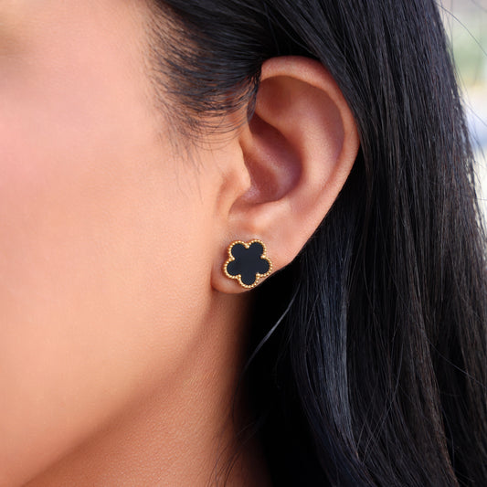 Black Flower Stud Earrings - Gold