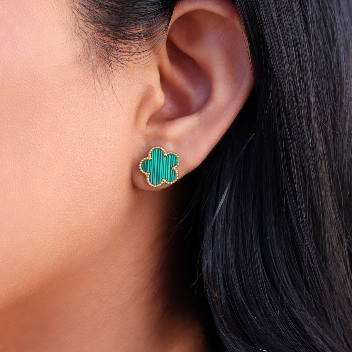 Green Flower Stud Earrings - Gold