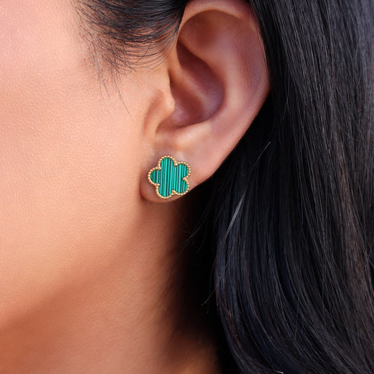 Green Flower Stud Earrings - Gold