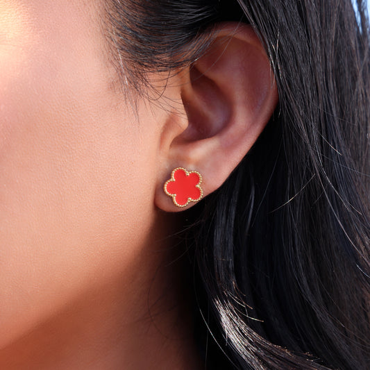 Red Flower Stud Earrings - Gold