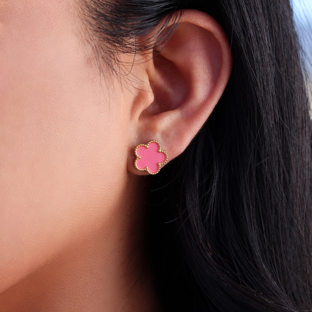 Pink Flower Stud Earrings - Gold
