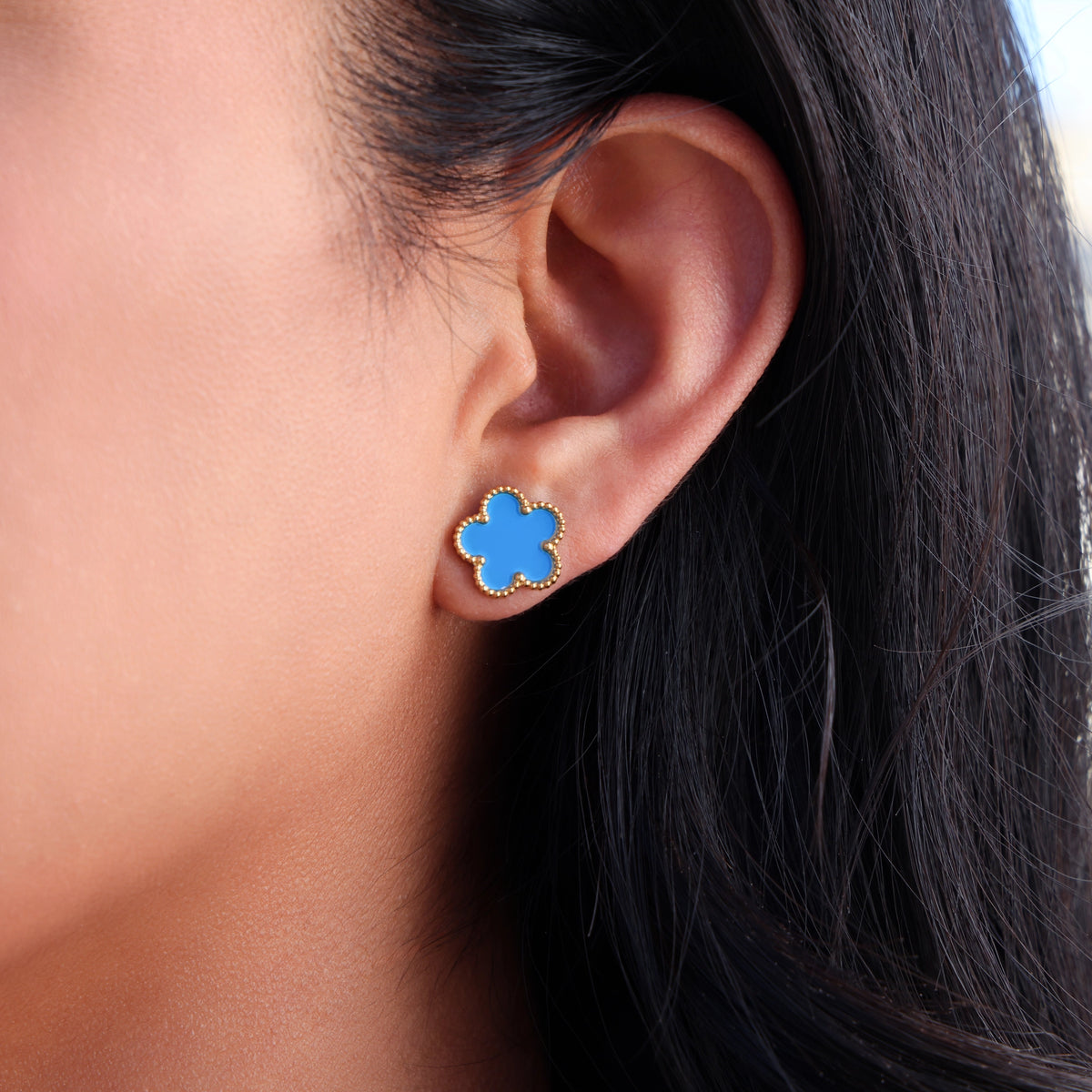 Blue Flower Stud Earrings - Gold