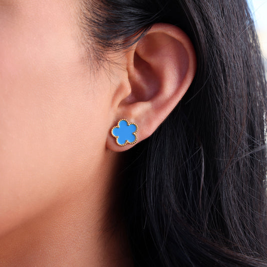 Blue Flower Stud Earrings - Gold