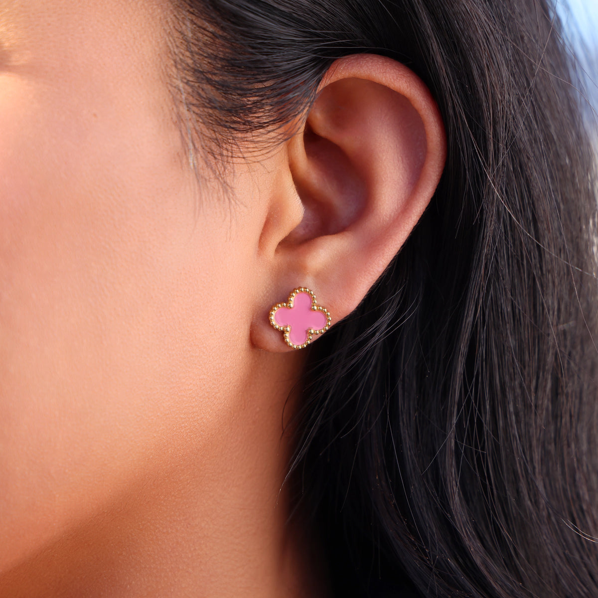 Pink Clover Earrings - Gold