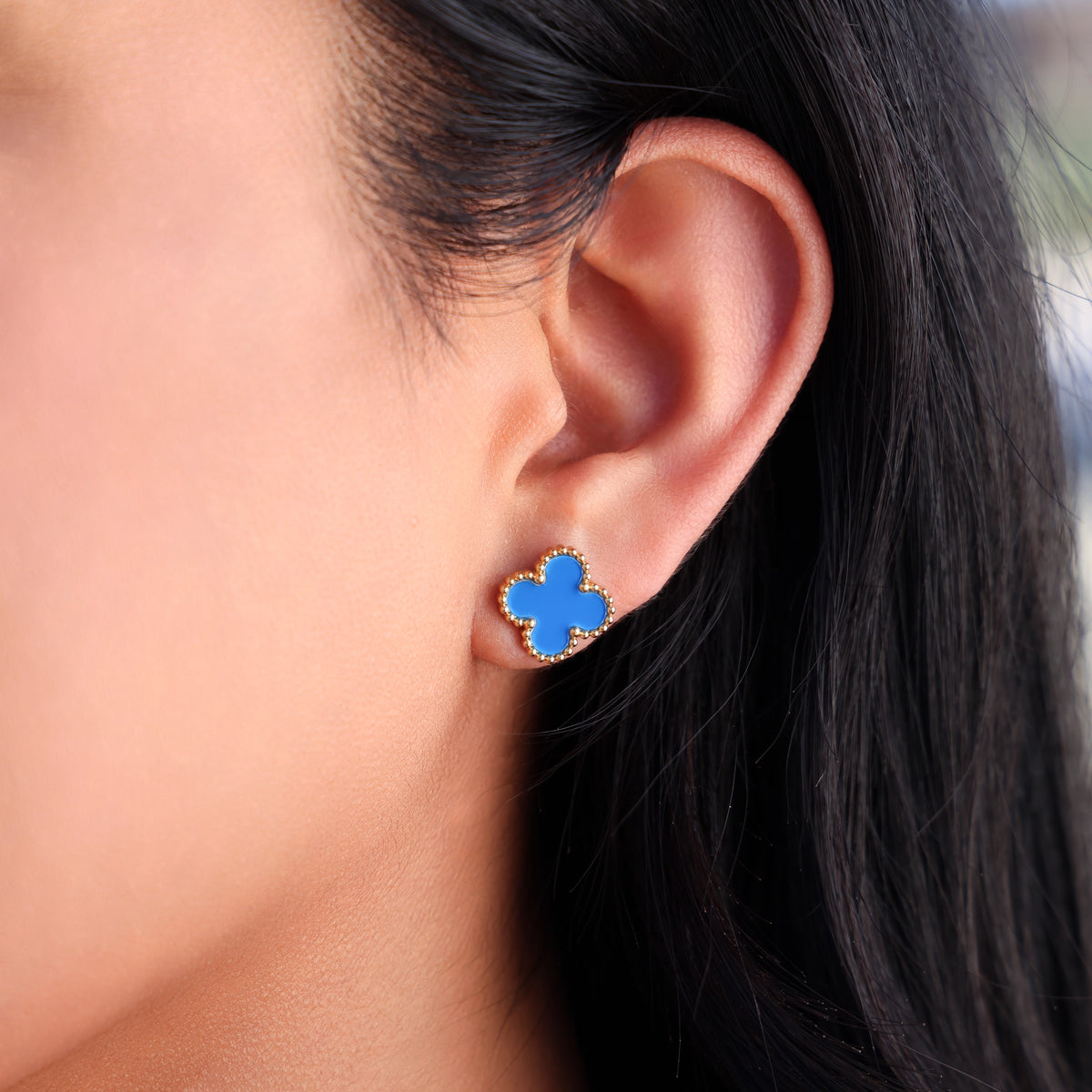 Blue Clover Earrings - Gold