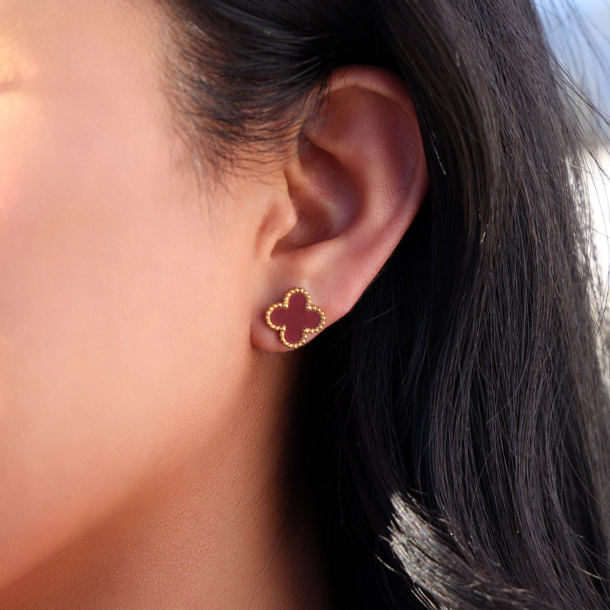 Burgundy Clover Earrings - Gold