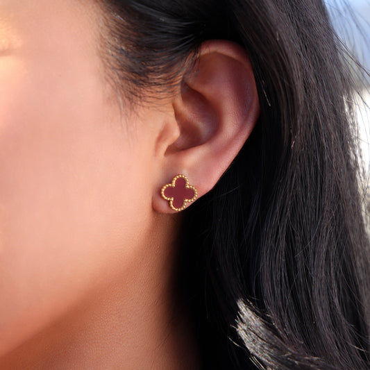 Burgundy Clover Earrings - Gold