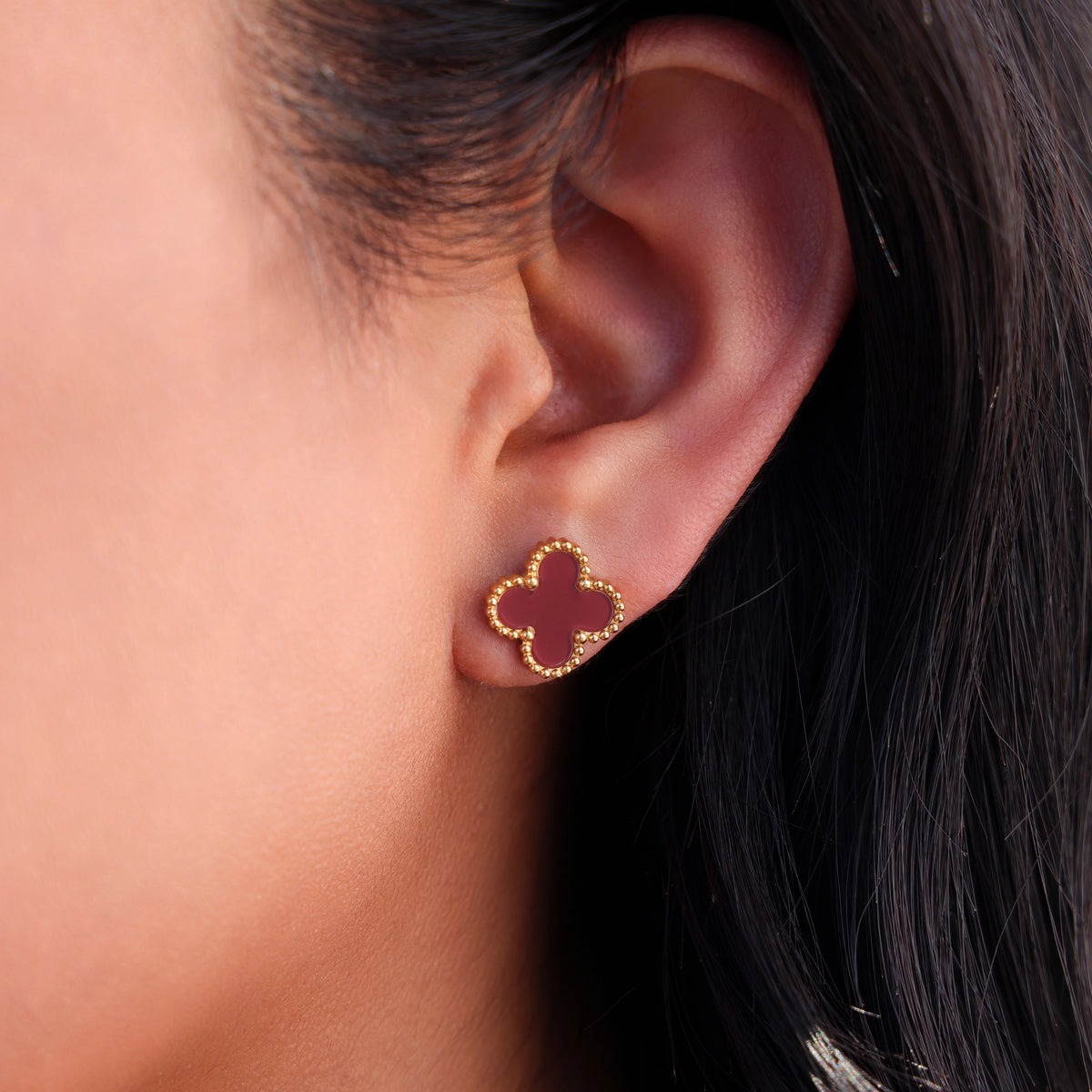 Burgundy Clover Earrings - Gold