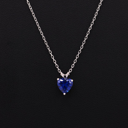 Small Blue Heart CZ Necklace - 925 Silver