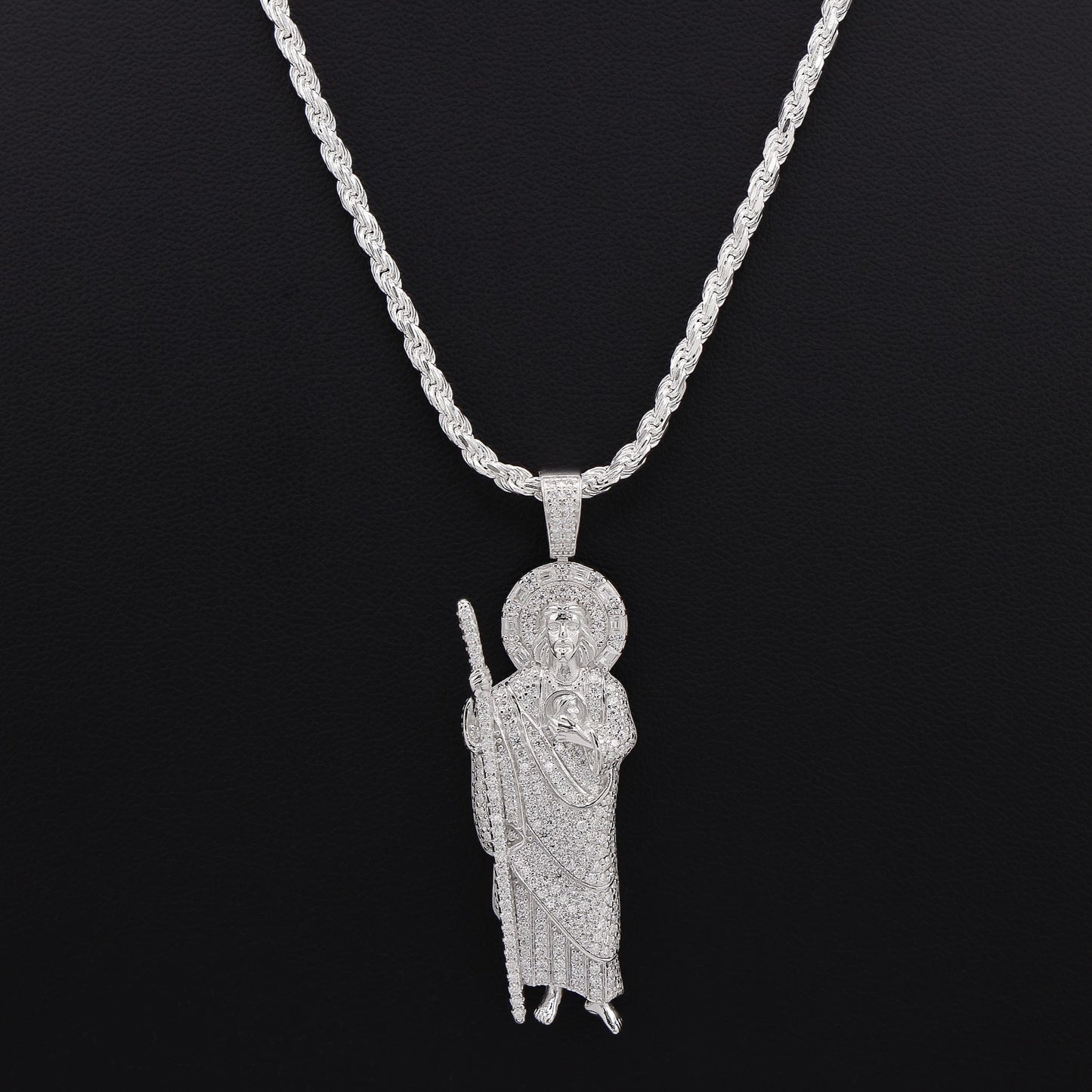 Iced Moissanite Baguette San Judas Pendant - 925 Silver