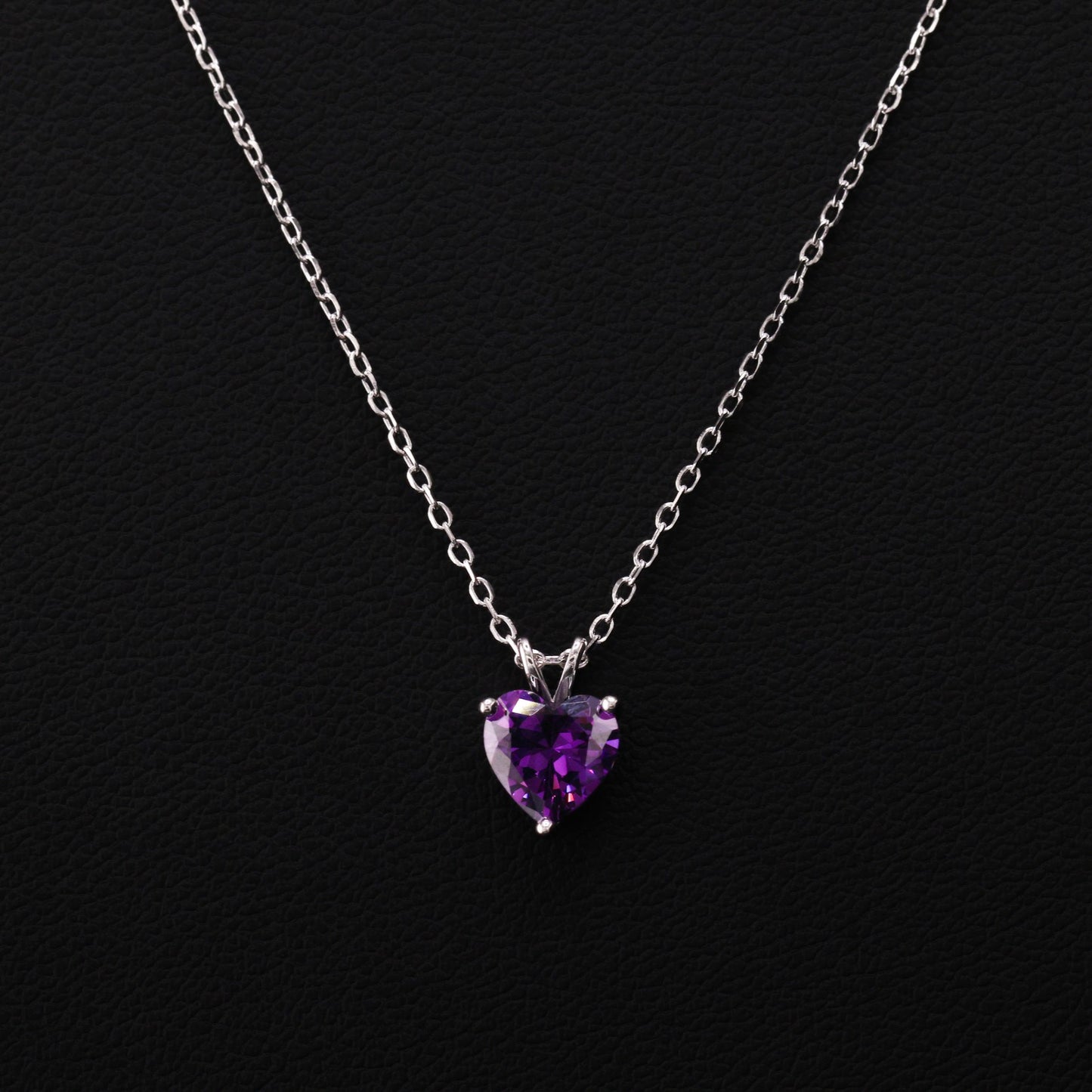 Small Purple Heart CZ Necklace - 925 Silver