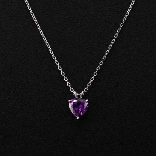 Small Purple Heart CZ Necklace - 925 Silver
