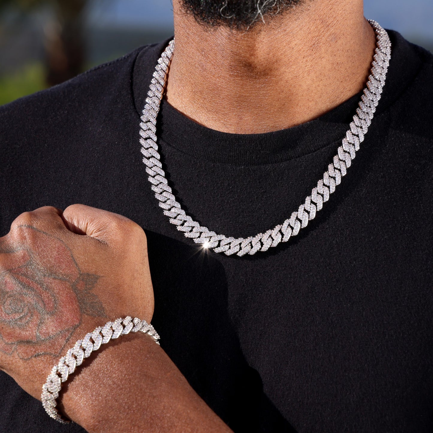 10mm Diamond Prong Cuban Chain + Bracelet Bundle - White Gold
