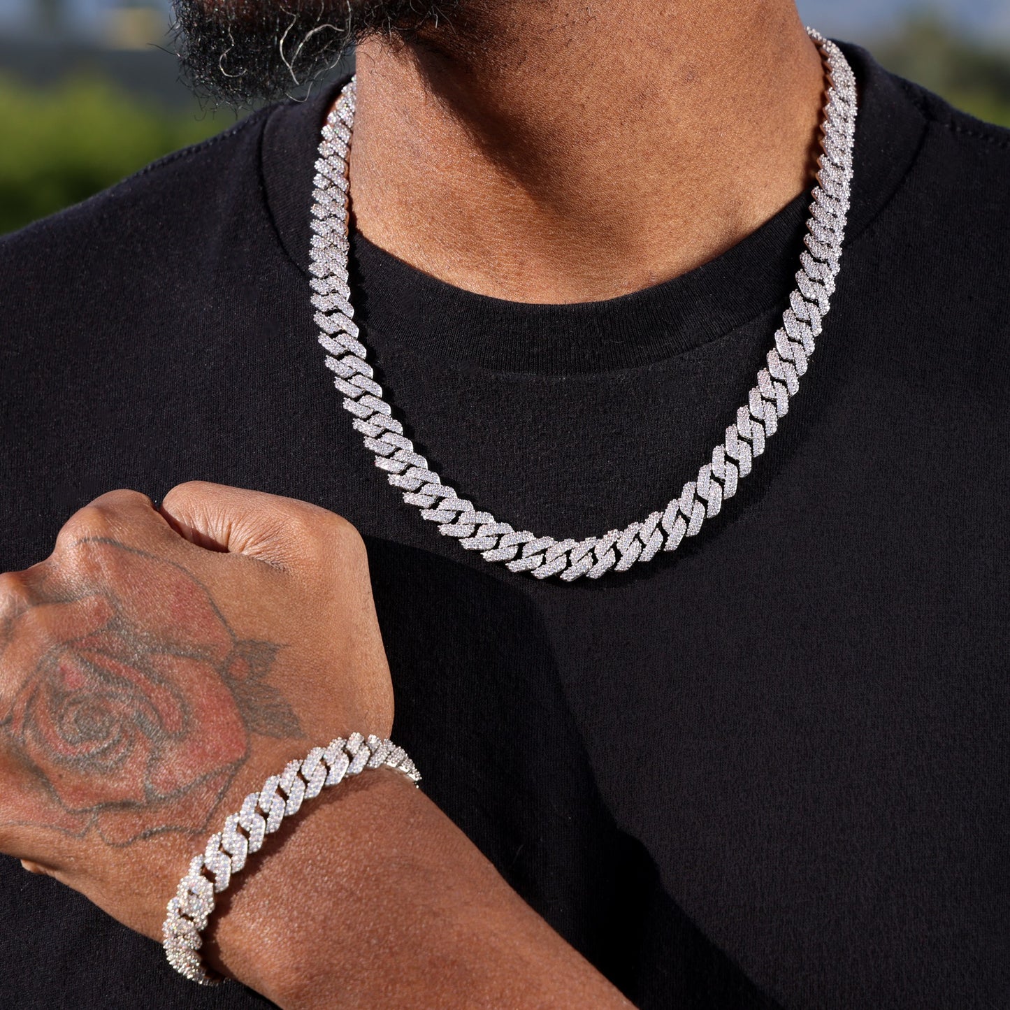 10mm Diamond Prong Cuban Chain + Bracelet Bundle - White Gold