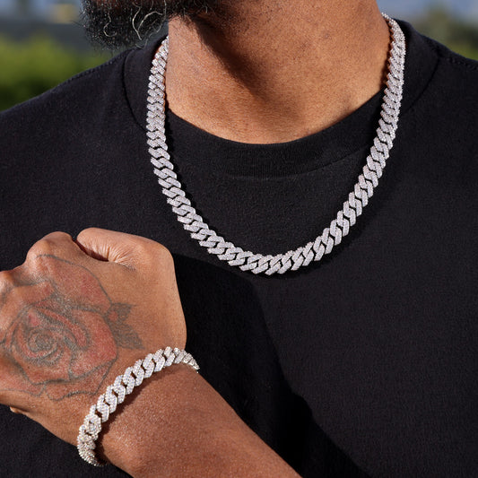 10mm Diamond Prong Cuban Chain + Bracelet Bundle - White Gold