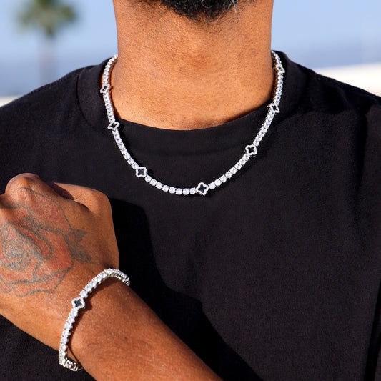 4mm Black Tennis Chain + Bracelet Bundle - White Gold