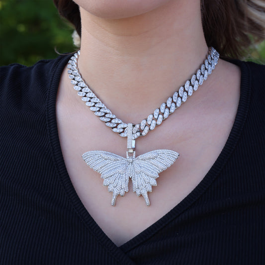 Butterfly Diamond Cuban Necklace - White Gold
