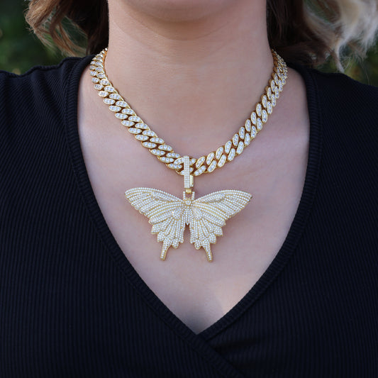 Butterfly Diamond Cuban Necklace - Gold