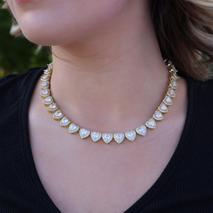 Heart Diamond Clustered Tennis Necklace - Gold