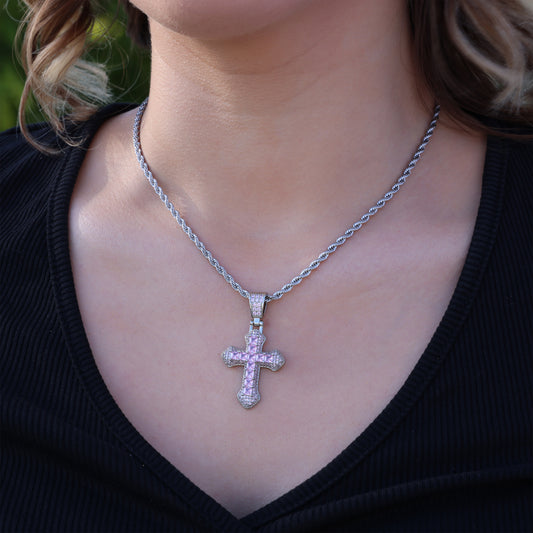 Icy Pink Budded Cross Necklace - White Gold