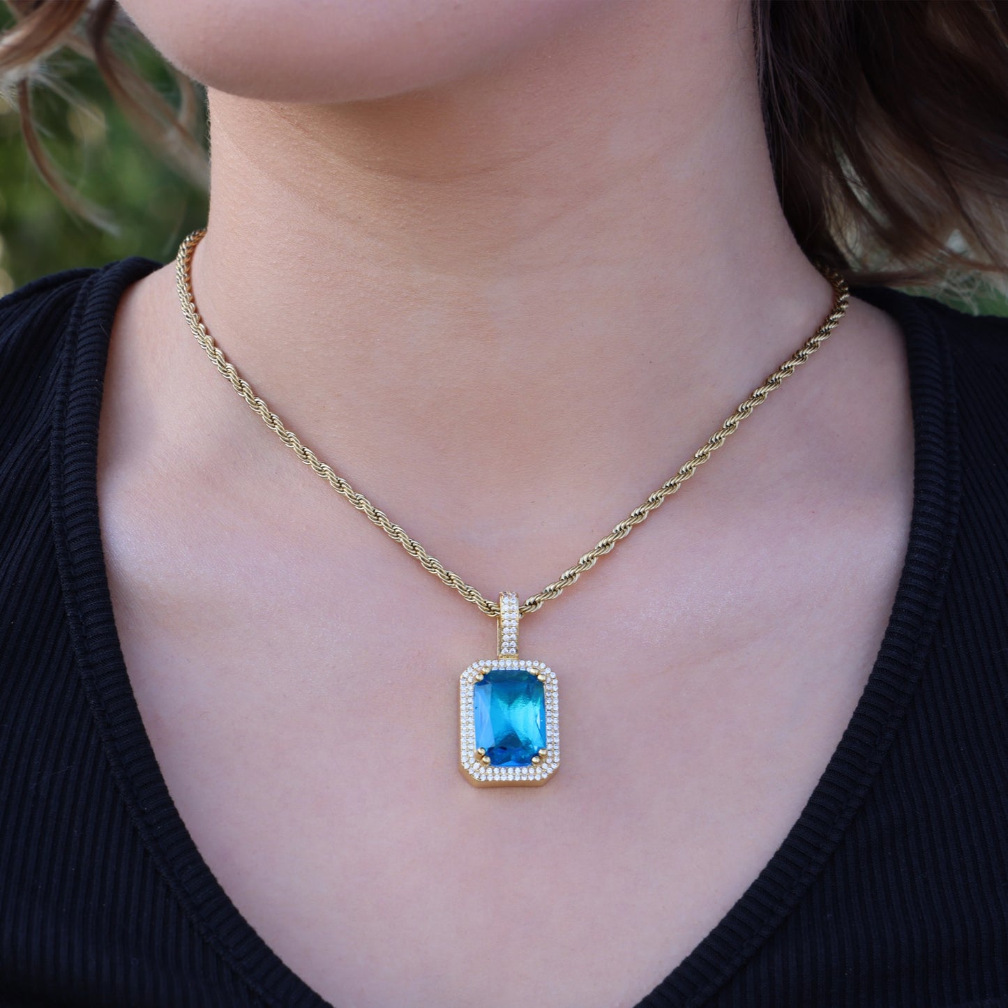 Iced Blue Stone Pendant  - Gold