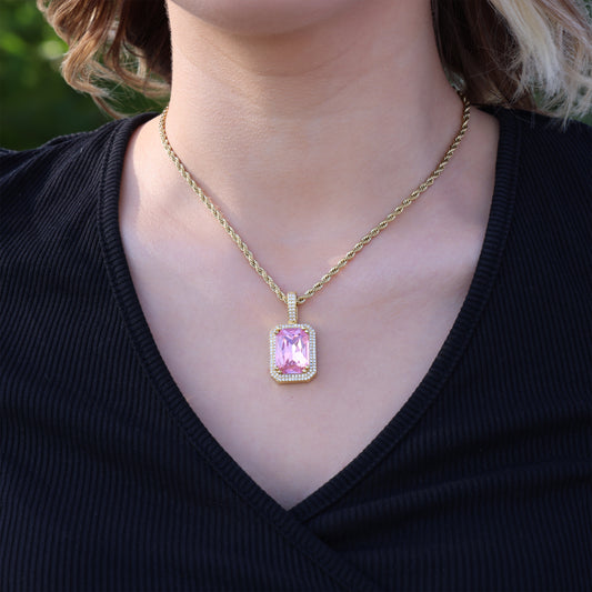 Iced Pink Stone Pendant - Gold