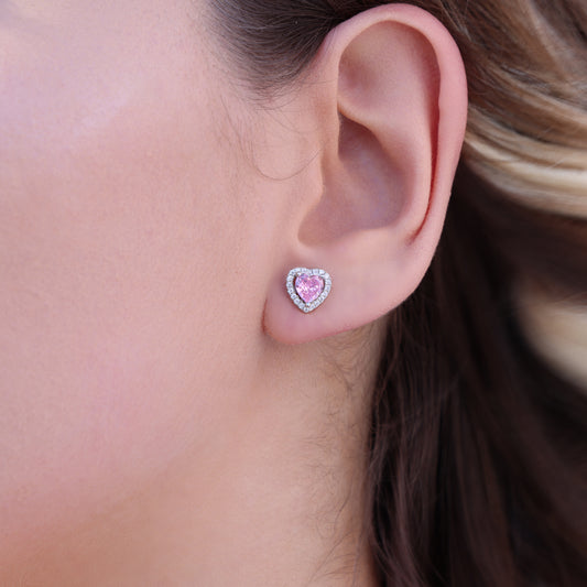 Pink Heart Halo Stud Earrings - 925 Silver