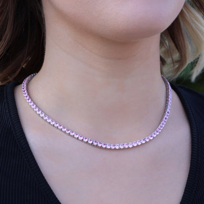 4mm Pink Diamond Tennis Necklace - White Gold