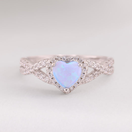 Light Blue Opal Heart Infinity CZ Diamond Ring - 925 Silver