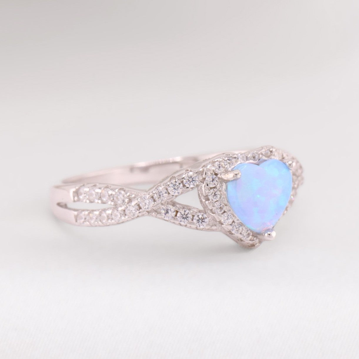Light Blue Opal Heart Infinity CZ Diamond Ring - 925 Silver