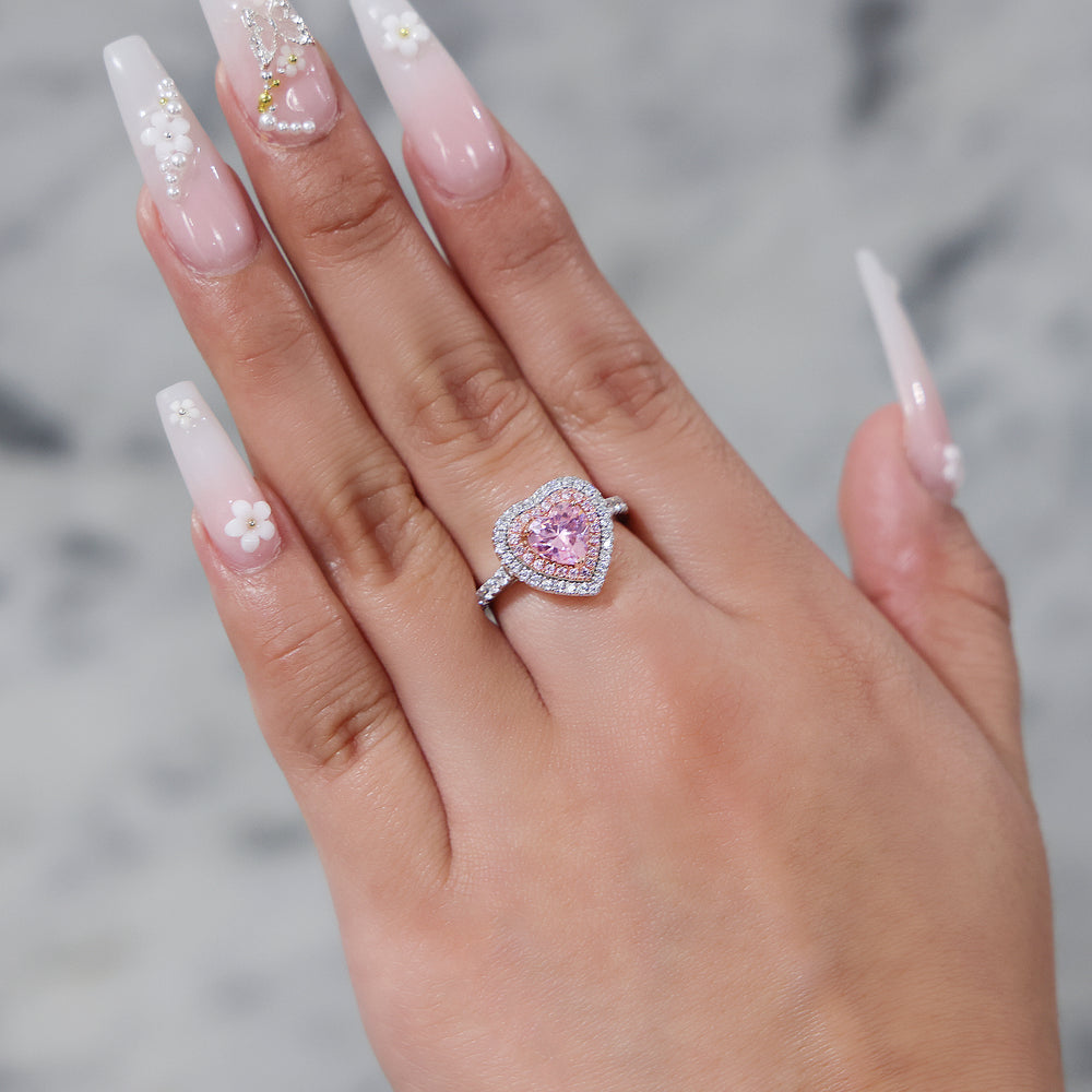 Pink Heart CZ Diamond 2 Tone Ring - 925 Silver