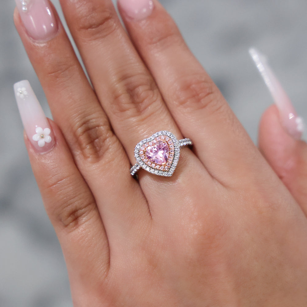 Pink Heart CZ Diamond 2 Tone Ring - 925 Silver