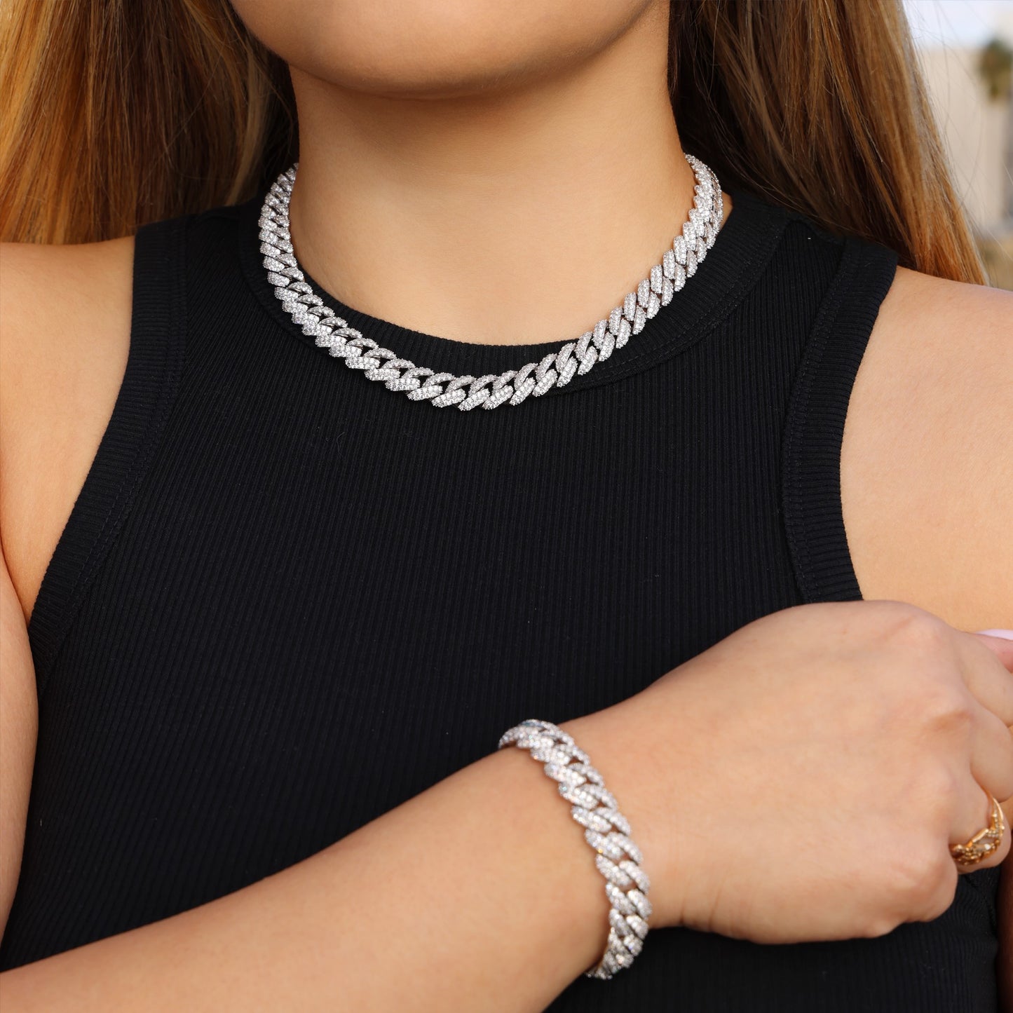 10mm Iced Out Cuban Necklace + Bracelet Bundle - White Gold