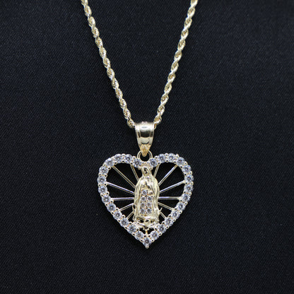 Iced Heart Virgin Mary Pendant - 14k Gold