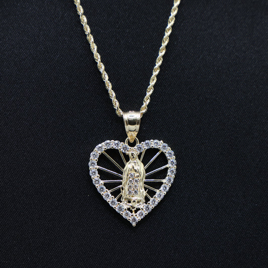 Iced Heart Virgin Mary Pendant - 14k Gold