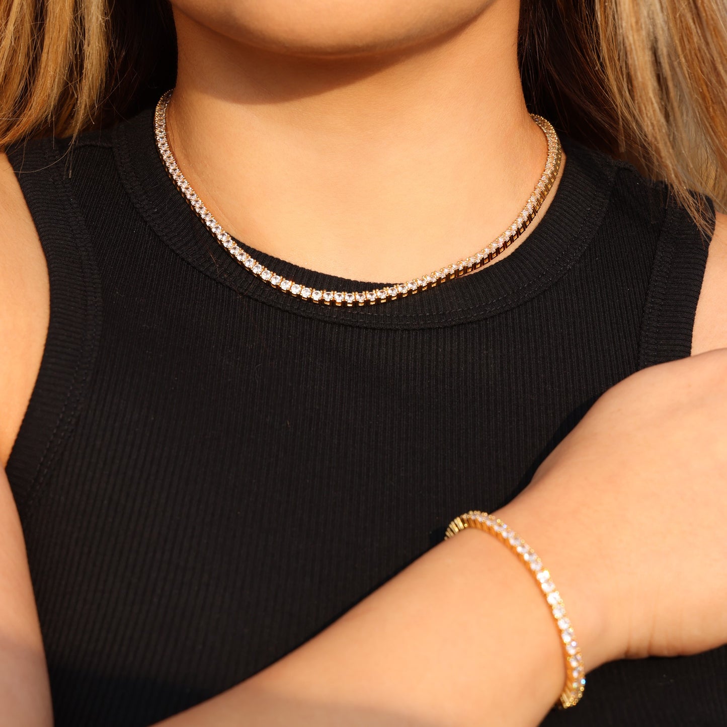 3mm Tennis Necklace + Bracelet Bundle - Gold