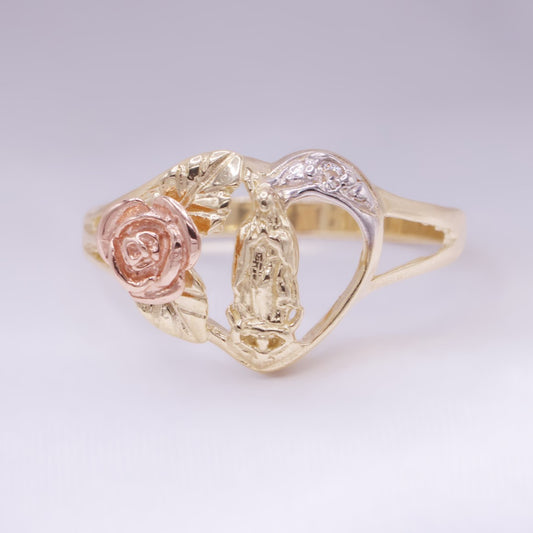 Rose Heart Virgin Mary 3-Tone Ring - 10k Gold