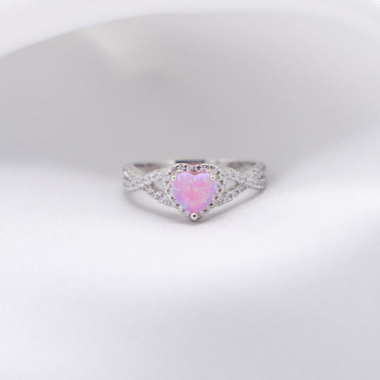 Pink Lab Opal Heart Infinity Diamond Ring - 925 Silver