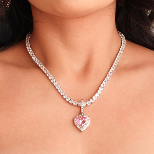 Iced Pink Heart Pendant - White Gold