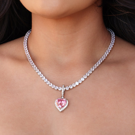 Iced Pink Heart Pendant - White Gold