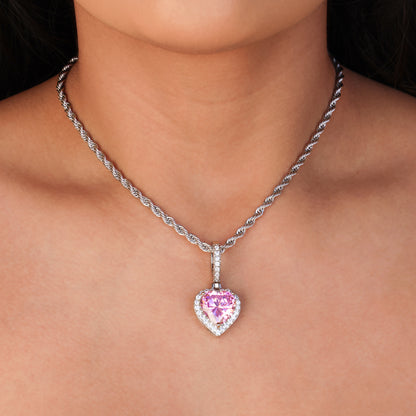Iced Pink Heart Pendant - White Gold