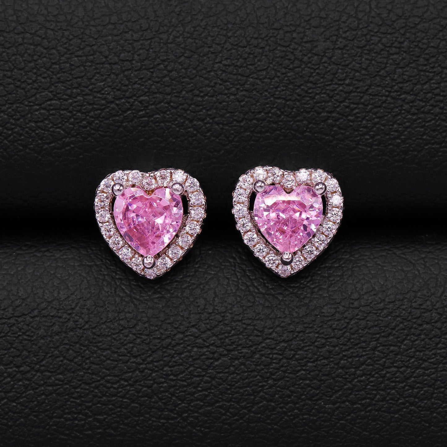 Pink Heart Halo Stud Earrings - 925 Silver