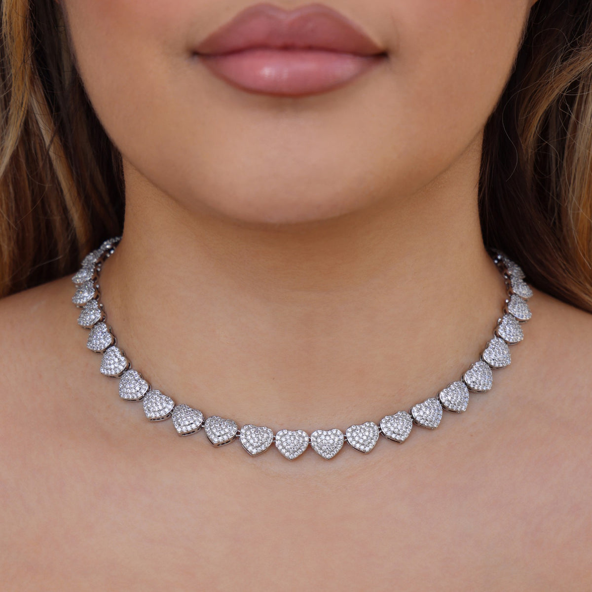 Fully Iced out Heart Necklace + Bracelet Bundle - White Gold
