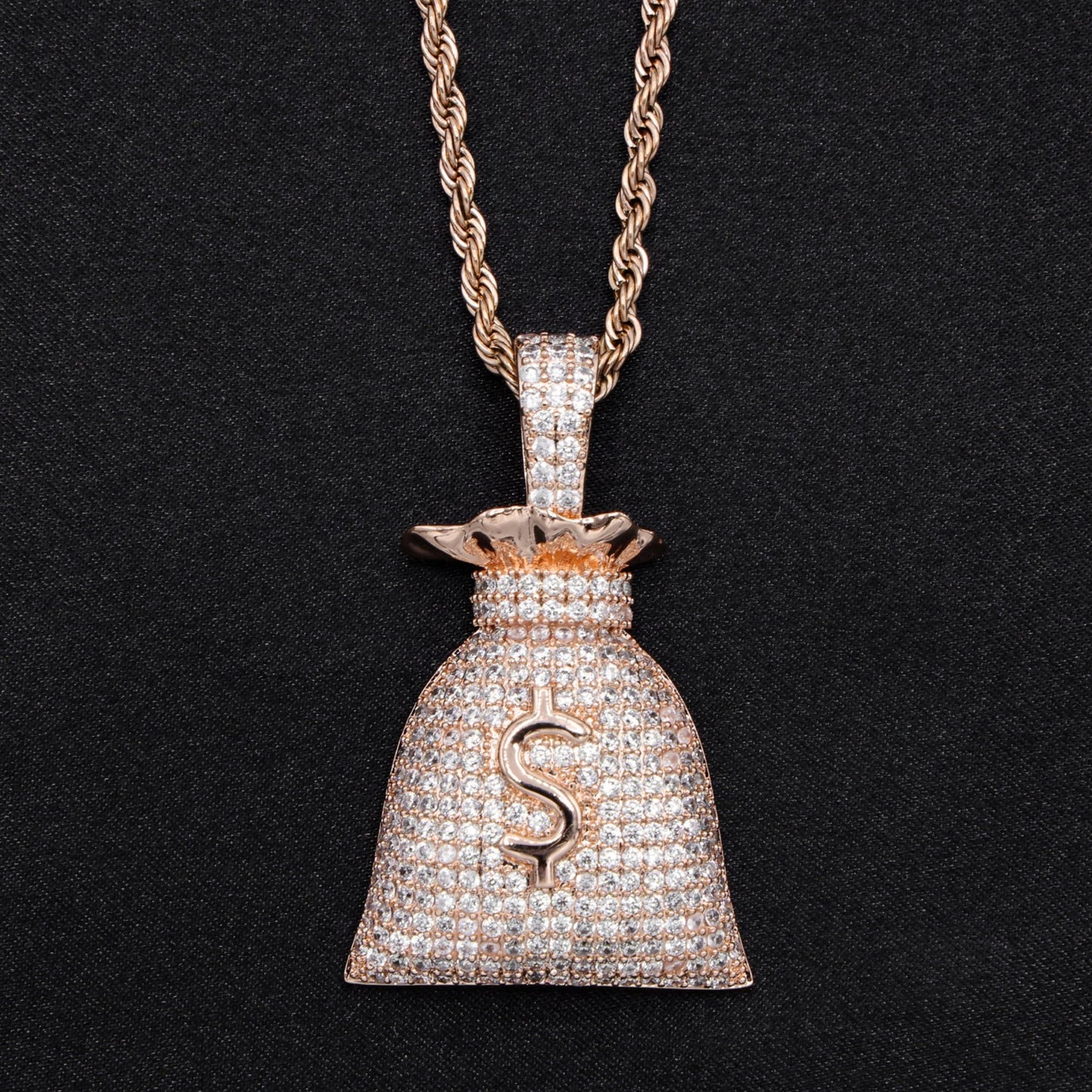 Iced Out Money Bag Pendant - Rose Gold