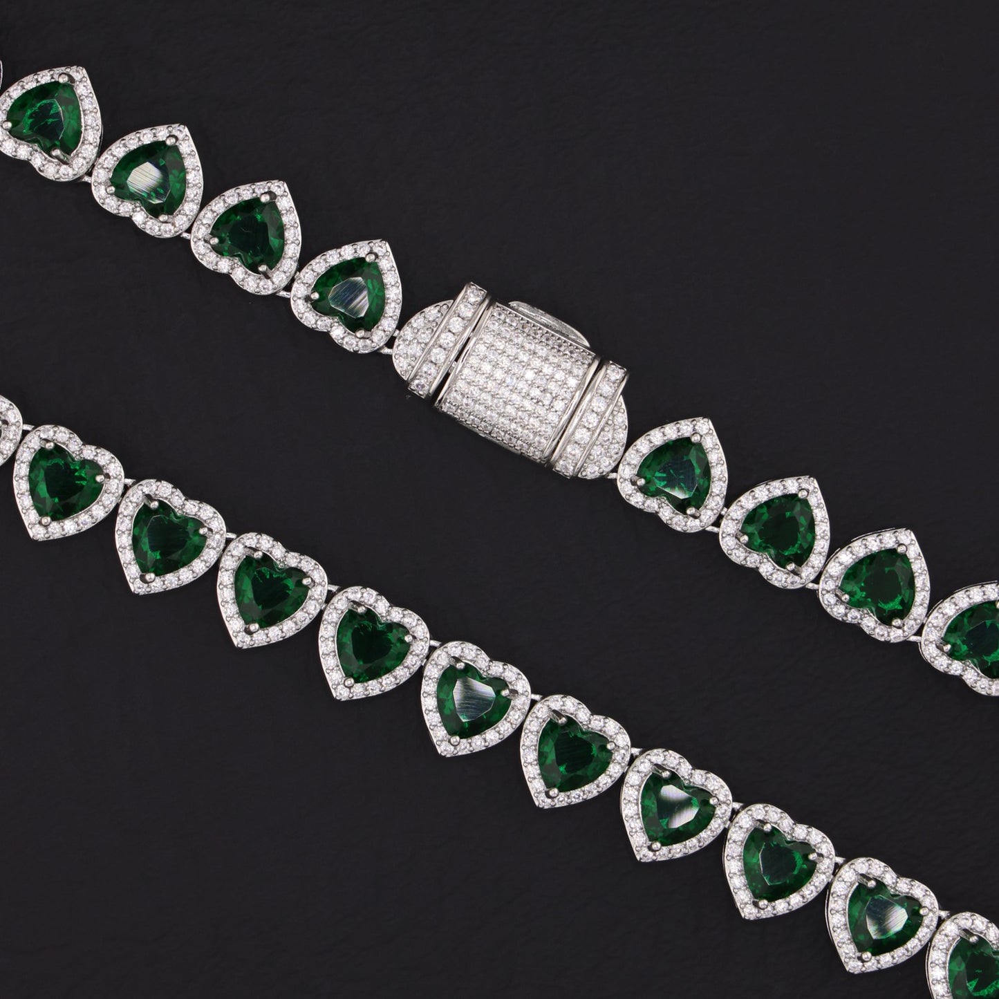 Emerald Heart Diamond Clustered Tennis Necklace - White Gold