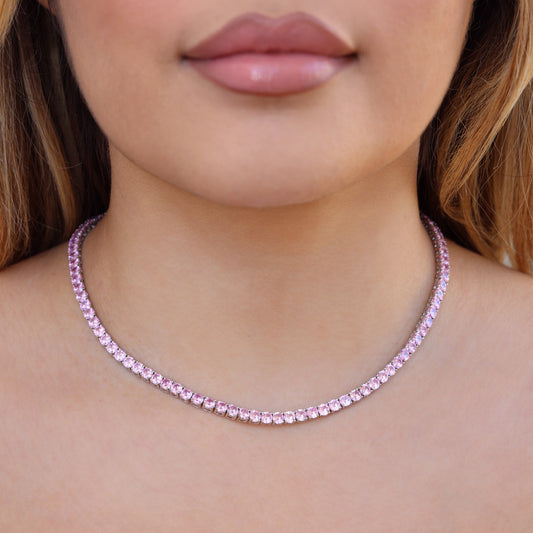 4mm Pink Diamond Tennis Necklace - White Gold