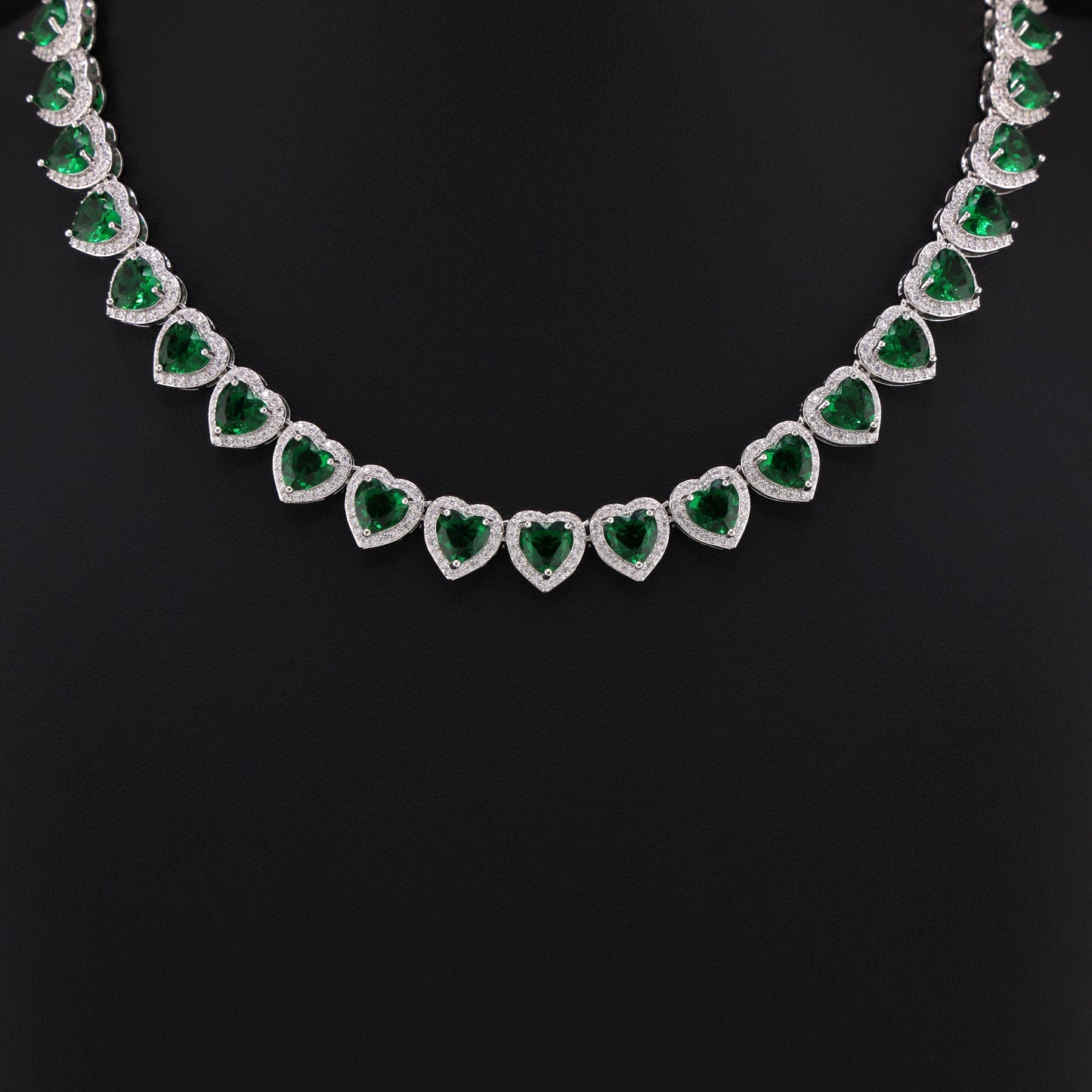 Emerald Heart Diamond Clustered Tennis Necklace - White Gold