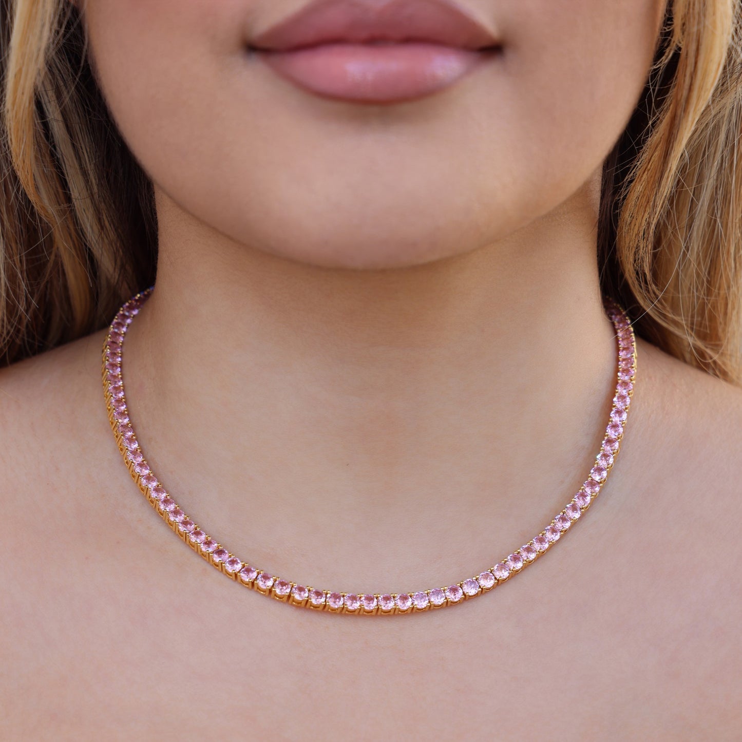 4mm Pink Diamond Tennis Necklace - Gold